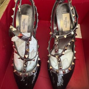 Valentino Garavani Black Heels with Strappy Design and Studded Accents